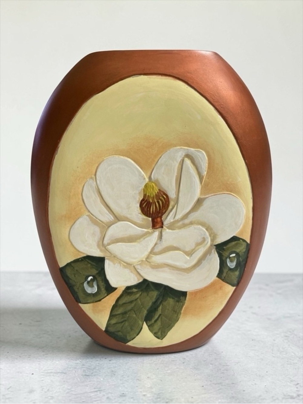 Hand Carved and Painted Magnolia flower vase by a retired Sailor age 85 from GA